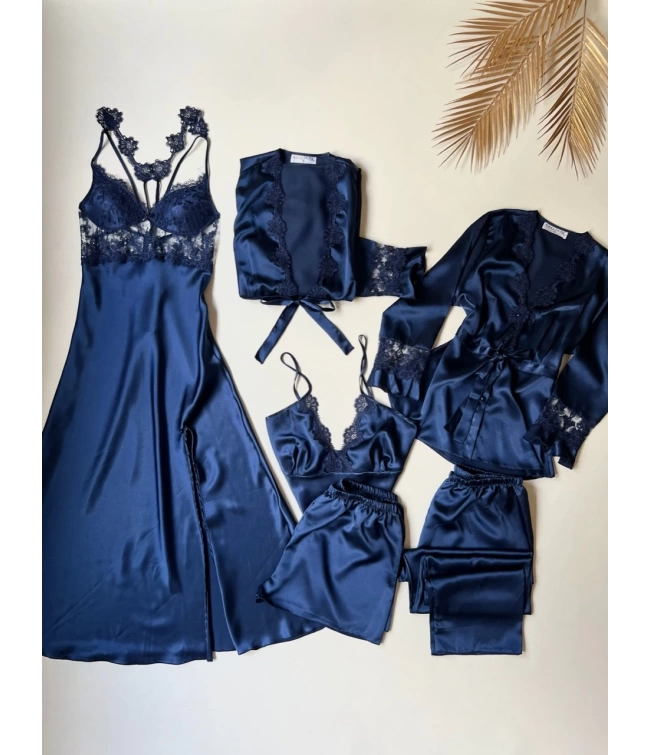 Imported™ Long Slit Silk Nighty Set (5 Pieces)