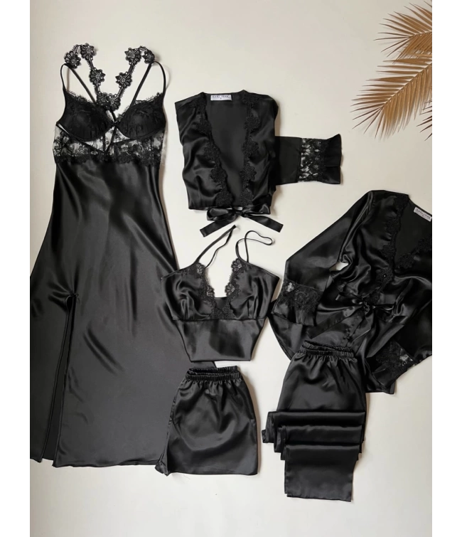 Imported™ Long Slit Silk Nighty Set (5 Pieces)